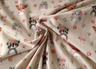 Luna Biostoff verspielter Jersey mit Waldtieren und Blumenkränzen light brown